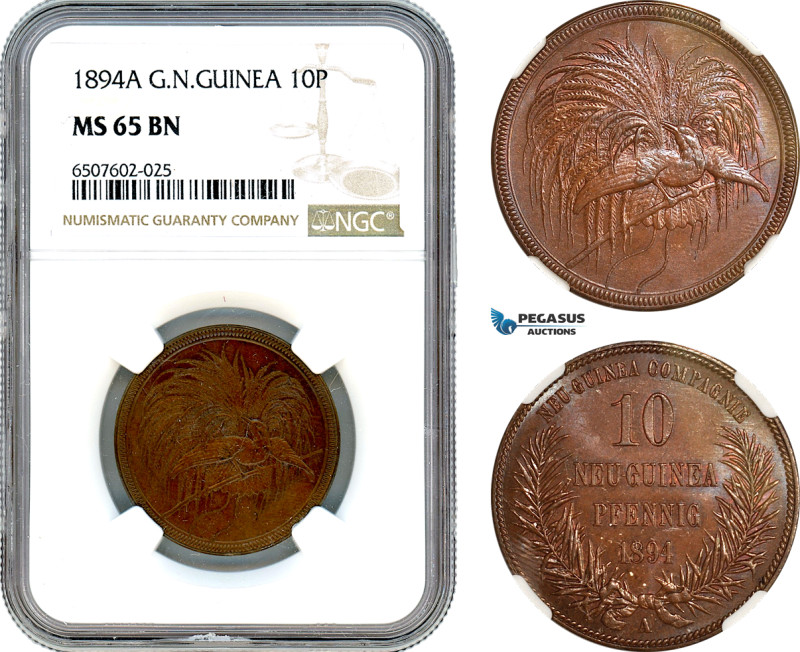 German New Guinea, 10 Pfennig 1894 A, Berlin Mint, KM-3, Brown and flashy! NGC M...