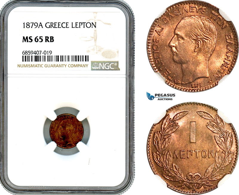 Greece, George I, Lepton 1879 A, Bronze, KM-52, Very flashy, NGC MS 65 RB