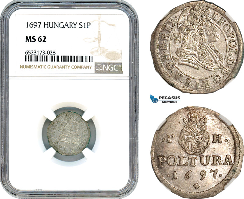 Hungary, Leopold I, Poltura 1697 PH, Kremnitz Mint, Silver, Husz.1483, NGC MS 62...