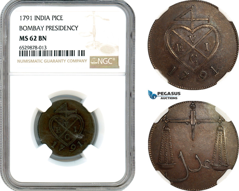 India, Bombay Presidency, Pice 1791, Soho Mint, KM-193, Prid. 133, NGC MS 62 BN