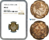 India, British India, William IV, 1/4 Rupee 1835, Calcutta Mint, Silver, KM-448, Multicolour toning, NGC MS 62