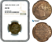 India, British India, Victoria, 1/2 Rupee 1840 M, Silver, KM-456.2, Dark cabinet toning, NGC AU 58