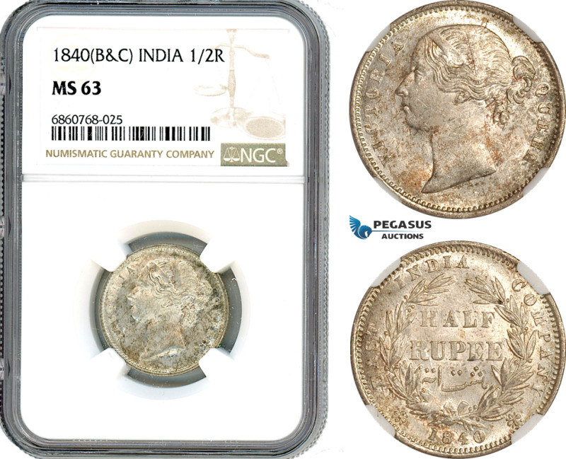 India, British India, Victoria, 1/2 Rupee 1840 B&C, Bombay or Calcutta Mint, Sil...