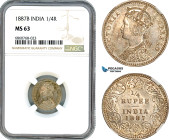 India, British India, Victoria, 1/4 Rupee 1887 B, Bombay Mint, Silver, KM-490, Light champagne toning, NGC MS 63