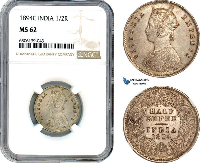 India, British India, Victoria, 1/2 Rupee 1894 C, Calcutta Mint, Silver, KM-491,...
