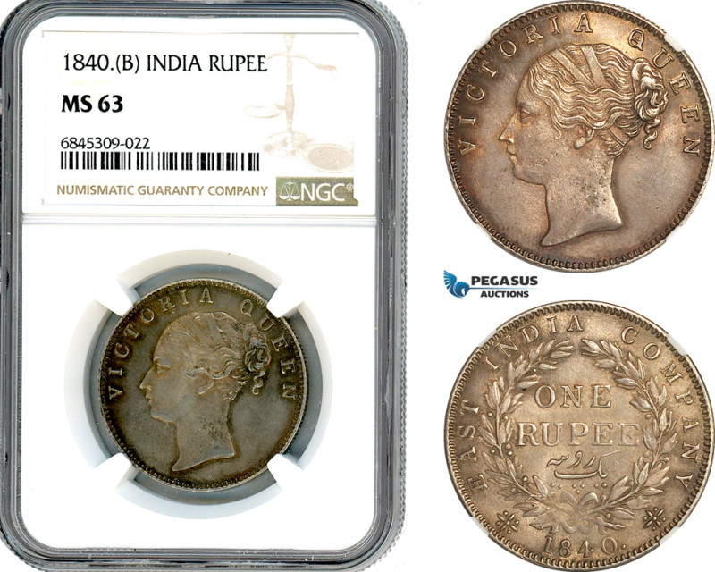 India, British India, Victoria, Rupee 1840 B, Bombay Mint, Silver, KM-458.1, Cab...