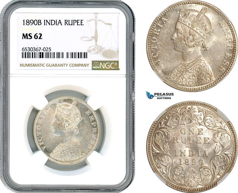 India, British India, Victoria, Rupee 1890 B, Bombay Mint, Silver, KM-492, Blast...