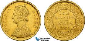 India, British India, Victoria, Mohur 1862, Calcutta Mint, Gold, KM-480, Fr-1598, Minor edge filing otherwise very sharp details with great eye appeal...