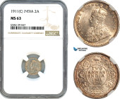 India, British India, George V, 2 Annas 1911 C, Calcutta Mint, Silver, KM-514, Light champagne toning, NGC MS 63