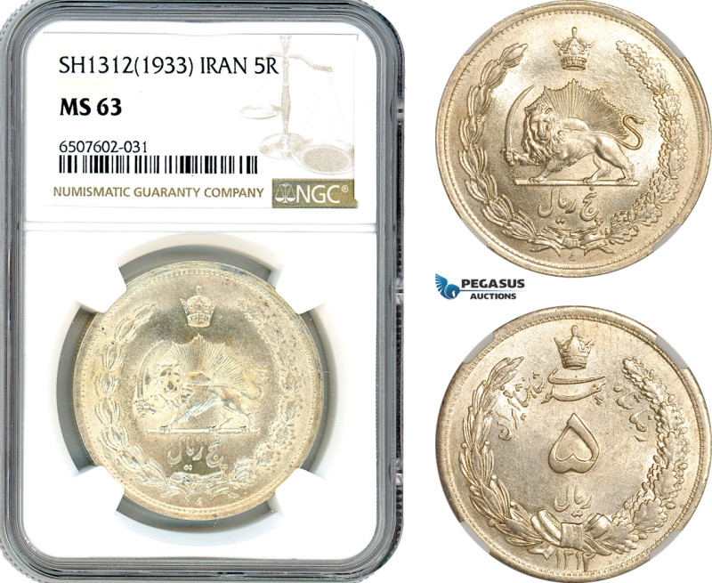 Iran, Mohammad Reza, 5 Rials SH1312 (1933), Tehran Mint, Silver, KM-1131, NGC MS...