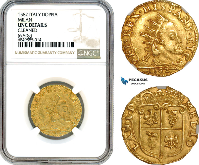 Italy, Milan, Phillip II, Doppia 1582, Gold, CNI V/251/61, NGC UNC Details