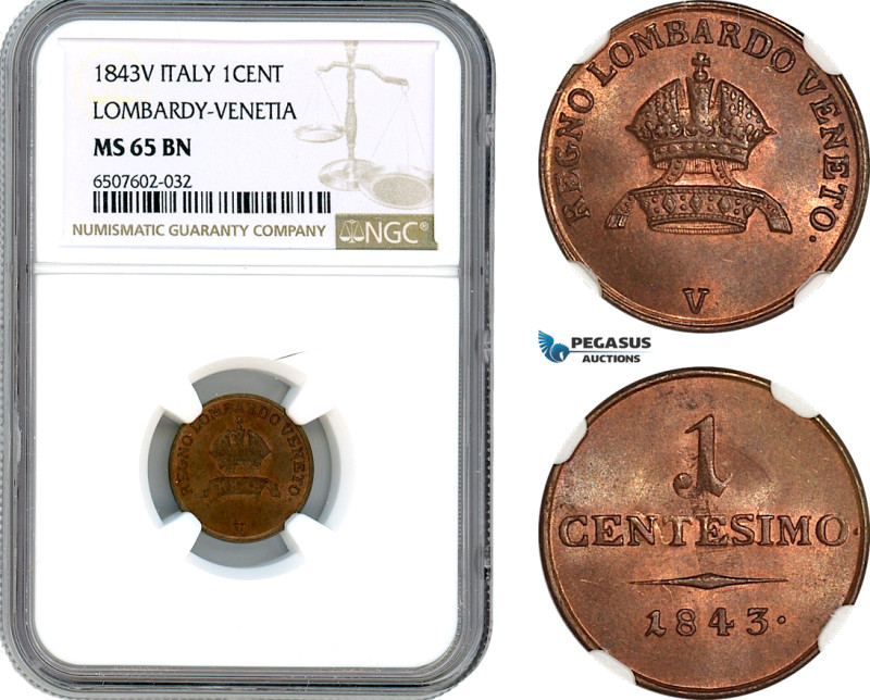 Italy, Lombardy-Venice, Centesimo 1843 V, KM C12.2, NGC MS 65