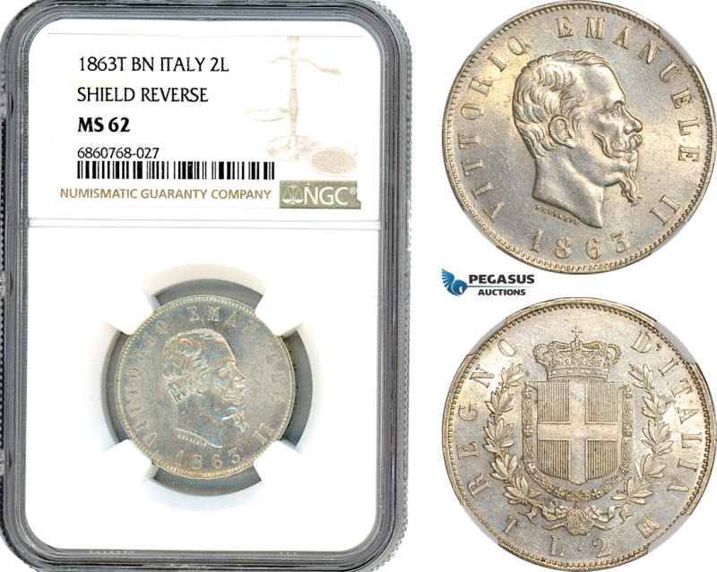 Italy, Victor Emanuele II, 2 Lire 1863 T BN, Turin Mint, Silver, KM-6a, Light ch...