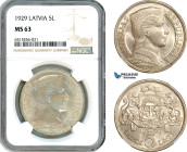 Latvia, 5 Lati 1929, London Mint, Silver, KM-9, NGC MS 63