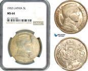 Latvia, 5 Lati 1932, London Mint, Silver, KM-9, NGC MS 64