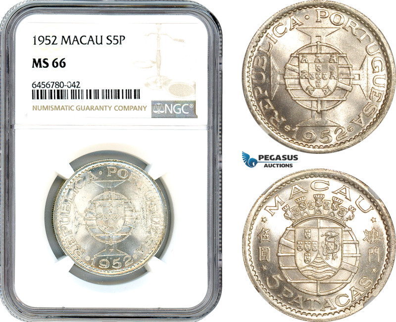 Macau, 5 Patacas 1952, Silver, Lisbon Mint, KM-5, Blast white, NGC MS 66