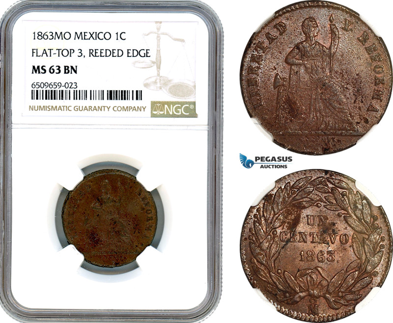 Mexico, Centavo 1863 Mo, Mexico City Mint, Bronze, KM-390, NGC MS 63 BN, Top Pop...