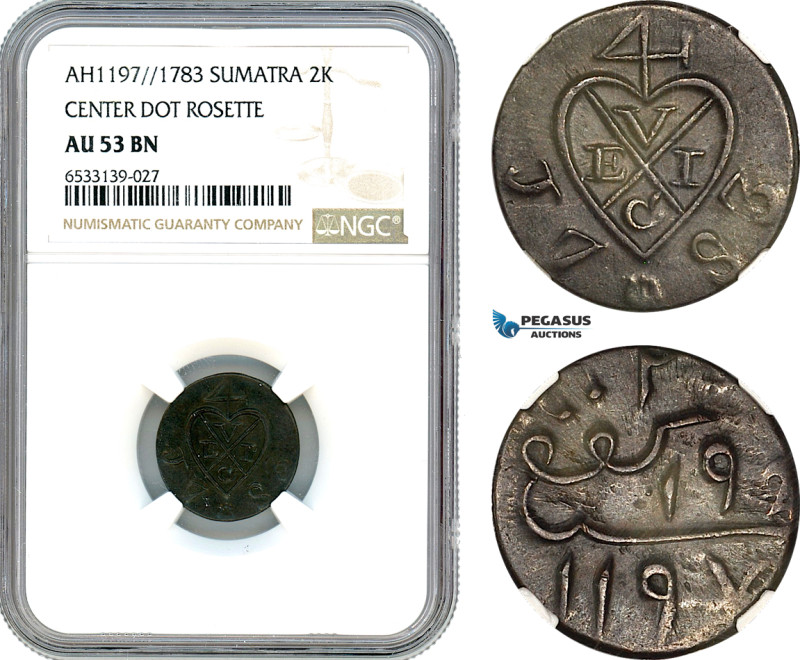 Netherlands East Indies, Sumatra, 2 Keping AH1197//1783, KM-255, NGC AU 53 BN