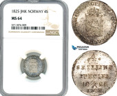 Norway, Carl XIV Johan, 4 Skilling 1825 JMK, Kongsberg Mint, Silver, NM. 44a, NGC MS 64