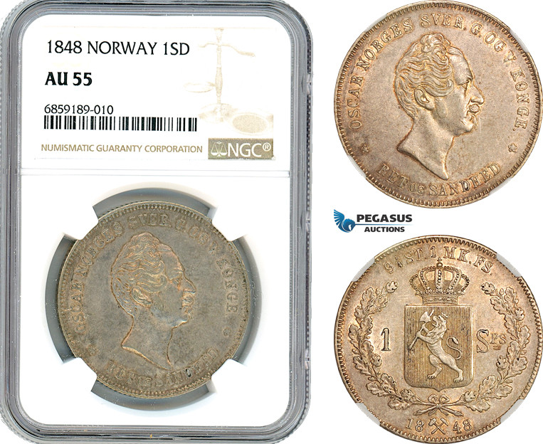 Norway, Oscar I, Speciedaler 1848, Kongsberg Mint, Silver, NM. 2, Light champagn...