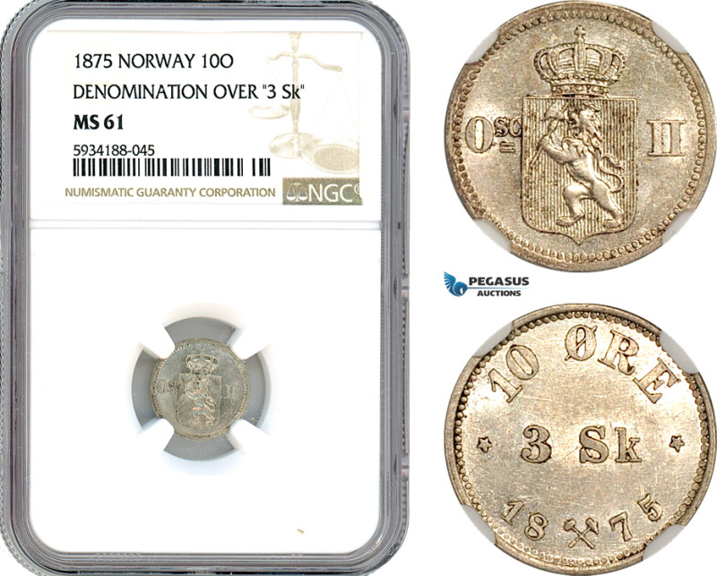 Norway, Oscar II, 10 Öre (3 Skilling) 1875, Kongsberg Mint, Silver, NM. 78, NGC ...