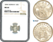 Norway, Oscar II, 10 Öre 1894, Kongsberg Mint, Silver, NM. 90, Light champagne toning, NGC MS 64