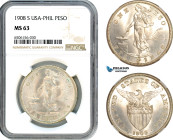 Philippines (US Administration) Peso 1908 S, San Francisco Mint, Silver, KM-172, NGC MS 63