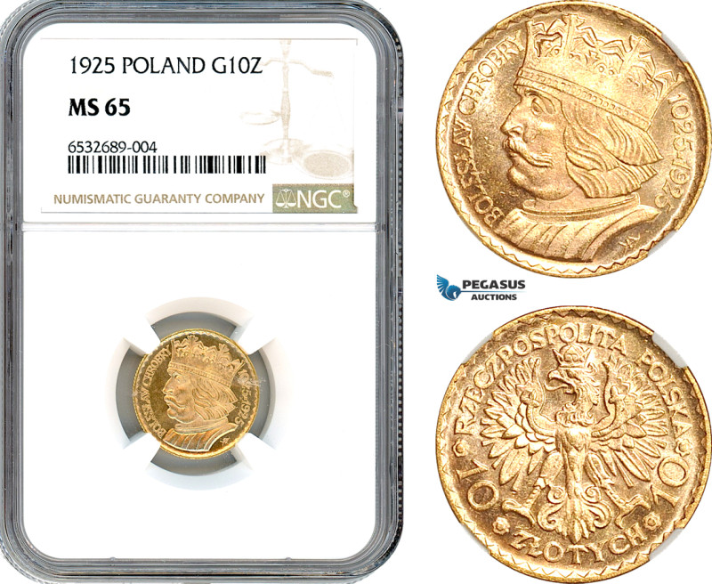 Poland, 10 Zlotych 1925 (Boleslaw Chrobry), Gold, Parchimowicz 125, Fr-116, NGC ...