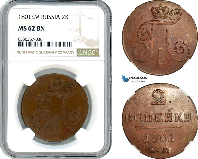 Russia, Paul I, 2 Kopeks 1801 EM, Ekaterinburg mint, Bitkin 118, NGC MS 62 BN