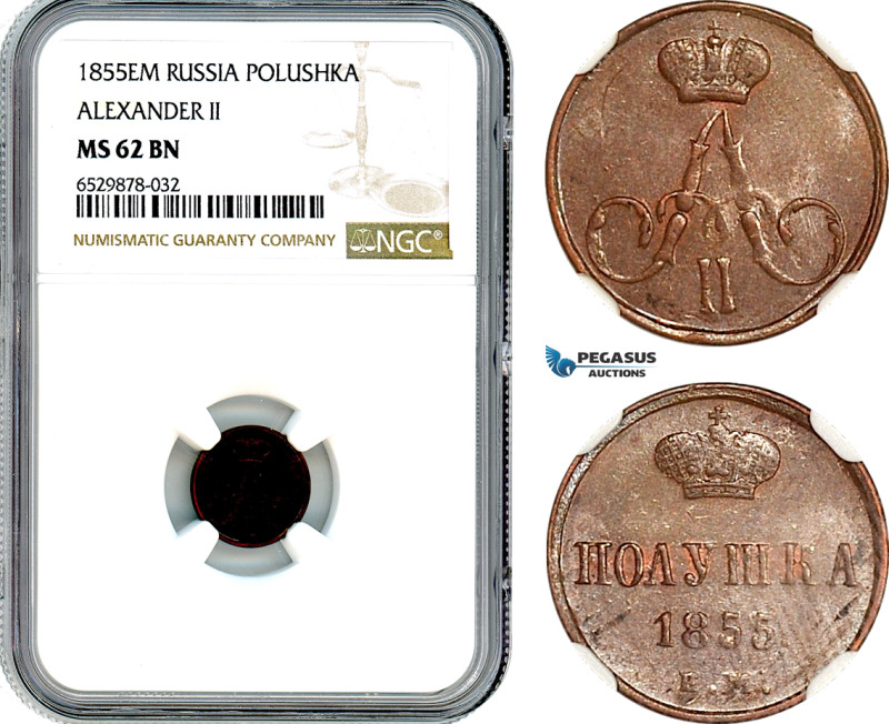 Russia, Alexander II, Polushka (1/4 Kopek) 1855 EM, Ekaterinburg Mint, Bitkin 37...