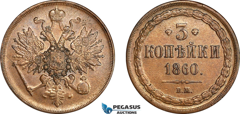 Russia, Alexander II, 3 Kopeks 1860 BM, Warsaw Mint, Bitkin 458, EF