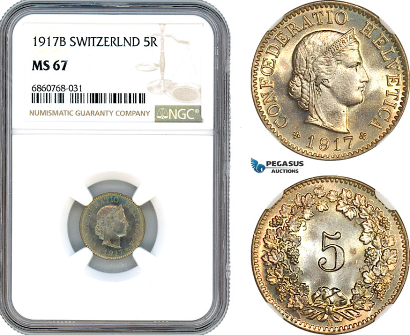 Switzerland, 5 Rappen 1917 B, Bern Mint, Cu-Ni, KM-26, NGC MS 67, Pop 2/1