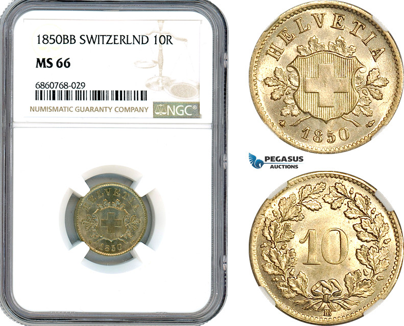 Switzerland, 10 Rappen 1850 BB, Bern Mint, Cu-Ni, KM-6, NGC MS 66, Top Pop!