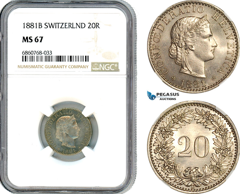 Switzerland, 20 Rappen 1881 B, Bern Mint, Cu-Ni, KM-29, NGC MS 67, Top Pop, Sing...