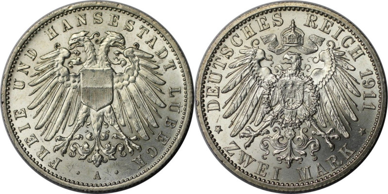 Deutsche Münzen und Medaillen ab 1871, REICHSSILBERMÜNZEN, Lübeck. 2 Mark 1911 A...