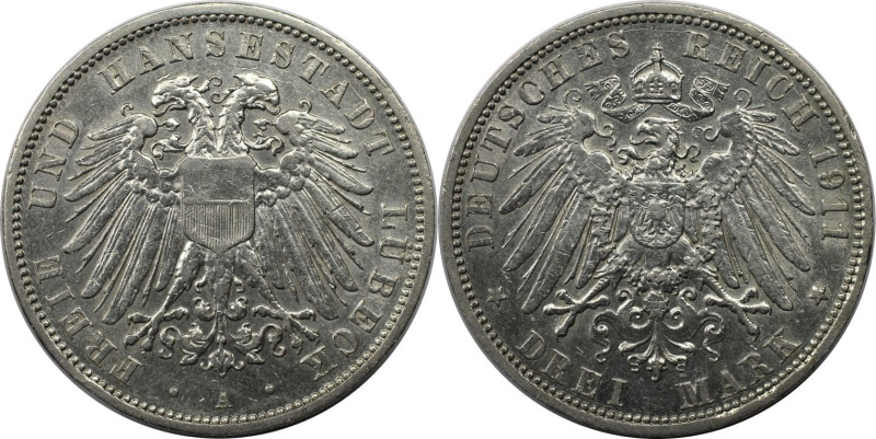 Deutsche Münzen und Medaillen ab 1871, REICHSSILBERMÜNZEN, Lübeck. 3 Mark 1911 A...