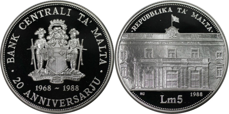 Europäische Münzen und Medaillen, Malta. 20 Jhare Zentralbank. 5 Liri 1988. 28,2...