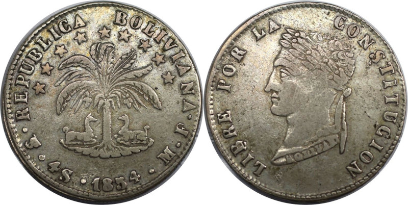 Weltmünzen und Medaillen, Bolivien / Bolivia. 4 Soles 1854 PTS MF. Silber. KM 12...