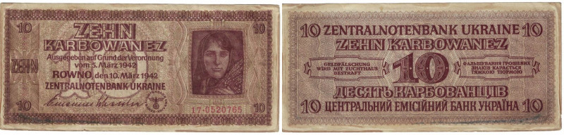 Banknoten, Deutschland / Germany. Deutsche Besatzung Ukraine. 10 Karbowanez 1942...