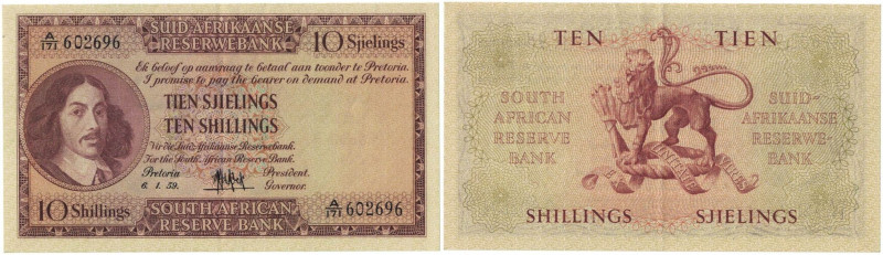 Banknoten, Südafrika / South Africa. 10 Shillings 1959. Erste Zeilen mit Banknam...