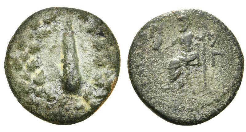 CILICIA. Tarsos. Ae (164-27 BC).
Obv: Filleted, upright club within wreath.
Rev:...