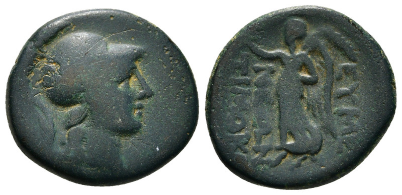 Phrygia, Eumeneia. Ae, 7.77 g 18.67 mm. Circa 133-0 BC.
Obv: Helmeted head of At...