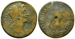 PHRYGIA. Hierapolis. Pseudo-autonomous issue. Tetrassarion time of Elagabalus, 218-222. ΔHMOC Diademed head of Demos to right, with slight drapery on ...