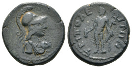 LYDIA. Tripolis. Pseudo-autonomous. Ae (2nd century AD).
Obv: Helmeted bust of Athena right.
Rev: TPIΠOΛEITΩN.
Hermes standing left, holding caduceus ...