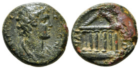 LYDIA. Sardis. Pseudo-autonomous. Time of Vespasian (69-79). Ae.
Obv: IERA CYNKLHTOC.
Draped bust of Senatus right.
Rev: CAPΔIANΩN.
Tetrastyle temple....