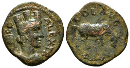 TROAS. Alexandria. Pseudo-autonomous. Time of Gallienus (260-268). Ae As.
Obv: AV CO TRO.
Turreted and draped bust of Tyche right; vexillum to left.
R...