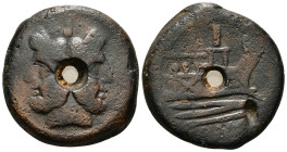 Roman Republic, anonymous (struck after c. 211 BC), AE
janiform head, I above,
Rev.Prow righr, I above, ROMA below Condition : Fine 32,32 g - 32,39 mm