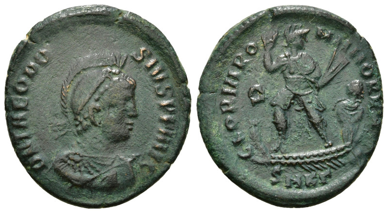 THEODOSIUS I (379-395). Ae.
Obv: D N THEODOSIVS P F AVG.
Helmeted, diademed, dra...