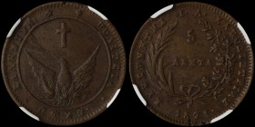 GREECE: 5 Lepta (1828) (type A.1) in copper. Phoenix with converging rays on obverse. Variety "134b-D2.b" by Peter Chase. Inside slab by NGC "MS 61 BN...