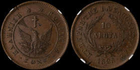GREECE: 10 Lepta (1828) (type A.1) in copper. Phoenix with converging rays on obverse. Variety "166-D.e" by Peter Chase. Coin alignment. Inside slab b...